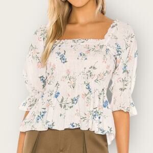 Saylor Clover Smocked Blouse | Medium Pink Floral Puff Sleeve Romantic Feminine